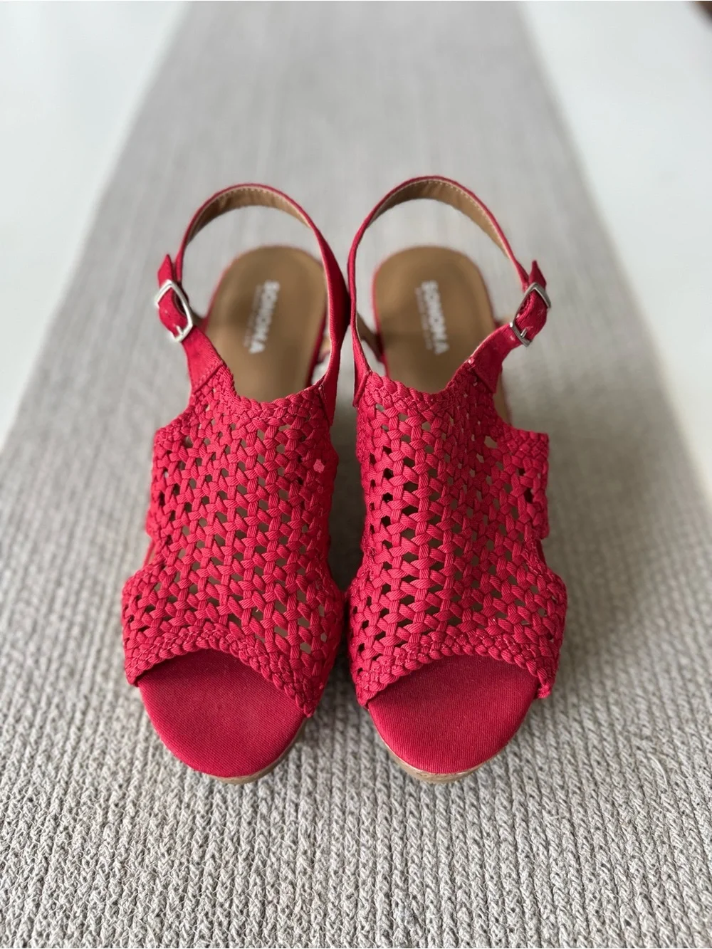 Sonoma Red Woven Crochet Cork Wedge Ankle Strap Platform Sandals Size 7.5